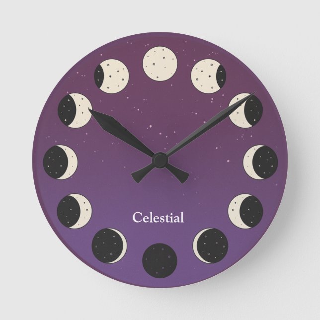 Relógio Redondo Moon Phases Celestial – Customizable Space  (Frente)