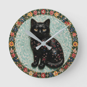 Relógio Redondo Mosaico de Gato Preto Estilo Antigo