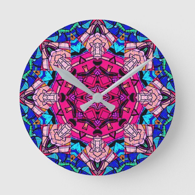 Relógio Redondo Mosaico Rosa Mandala Floral Psicélico Retro (Frente)