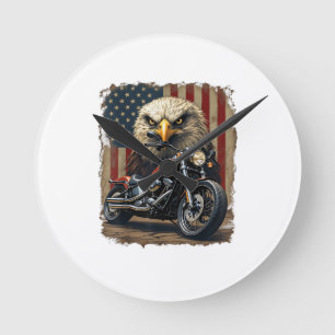 Relógio Redondo Motocicleta Bandeira EUA Retro Chopper Motociclist