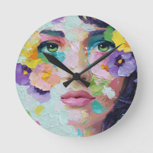 Relógio Redondo Mulher Surrealista Arte Floral Olhos Pétalas Vento