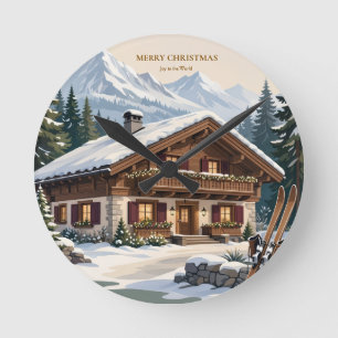 Relógio Redondo Natal Alpino Europeu - Inverno de Montanha Nevada