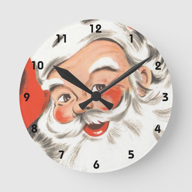 Relógio Redondo Natal Antigo, Papai Noel Alegre com Sorriso (Frente)