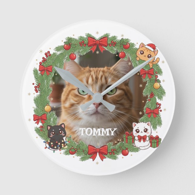 Relógio Redondo Natal com Foto e Nome de Pet Personalizados (Frente)