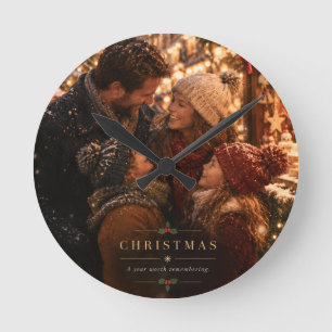 Relógio Redondo Natal em Filme Antigo, Família Feliz no Feriado