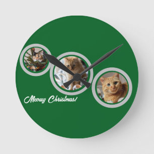 Relógio Redondo Natal Felino Três Fotos de Gatos Personalizar