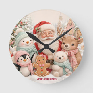 Relógio Redondo Natal fofo com Papai Noel, Pinguim, Urso, Rena