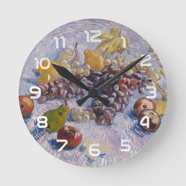 Relógio Redondo Natureza Morta de Uvas e Maçãs de Van Gogh Impress (Frente)