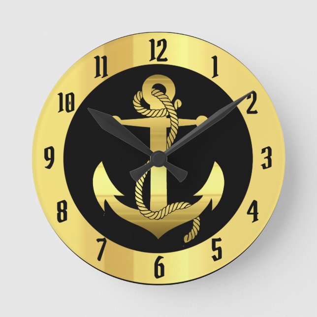 Relógio Redondo Náutica de ouro/âncora de barco a preto (Frente)