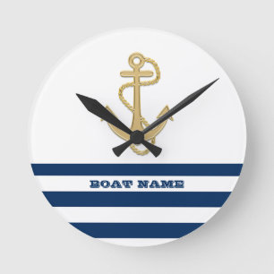 Relógio Redondo Náutico, Âncora Dourada  Azul Marinho Listras Bran
