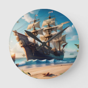 Relógio Redondo Navio de pirata de praia tropical