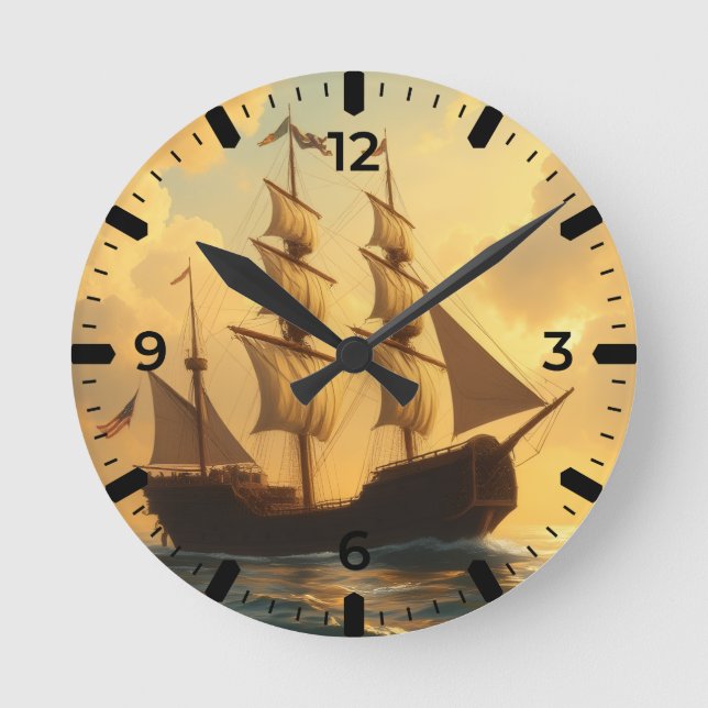 Relógio Redondo Navio Dourado (Frente)