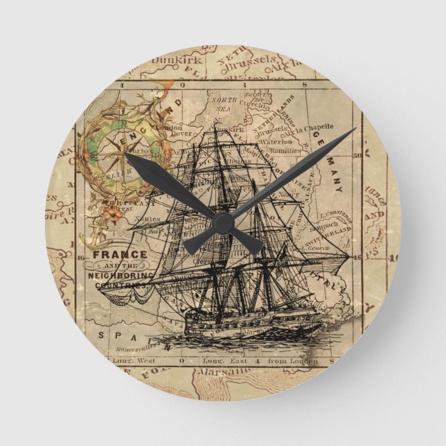 Relógio Redondo Navio Vintage e velho mapa europeu (Frente)