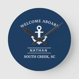 Relógio Redondo Navy Blue Welcome Aboard Custom Monogram Name