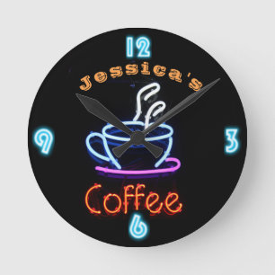 Relógio Redondo Neon CAFE COFFEE Clock Personalizar Adicionar Nome
