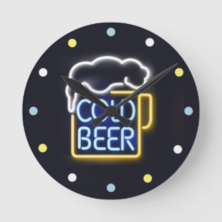 Relógio Redondo Neon Cold Beer Mancave Bar Den Wall Clock