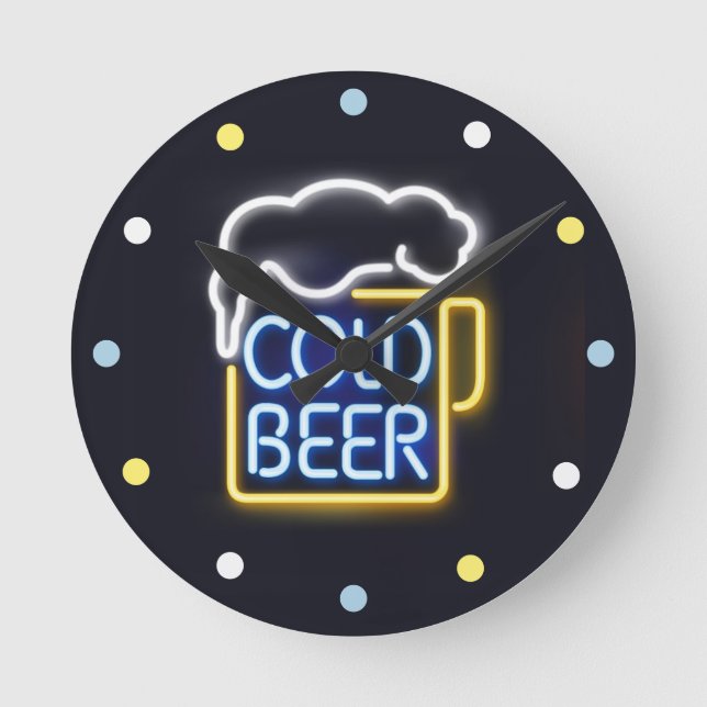 Relógio Redondo Neon Cold Beer Mancave Bar Den Wall Clock (Frente)