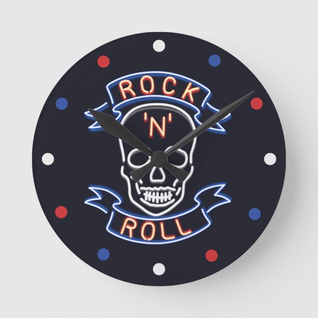 Relógio Redondo Neon Rock N Roll Skull Red Blue Wall Clock (Frente)