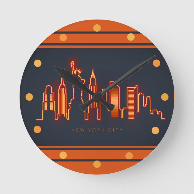 Relógio Redondo New York Skyline Orange Neon Look Cityscape Wall (Frente)