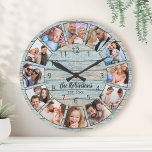 Relógio Redondo Nome da Família de Madeira Natural da Colagem de F<br><div class="desc">Crie facilmente o seu próprio relógio de parede,  ao estilo da casa do lago,  rústico e azul,  com fotos personalizadas,  nome da família e ano estabelecido. Para obter os melhores resultados,  recorte as imagens para o quadrado - com o ponto de foco no centro - antes de carregar.</div>