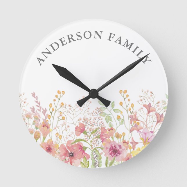 Relógio Redondo Nome da Família Floral de Aquarela Rosa (Frente)
