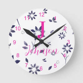 Relógio Redondo Nome da família Monograma Blue Floral