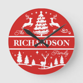 Relógio Redondo Nome da Família Personalizada do Red Christmas | F