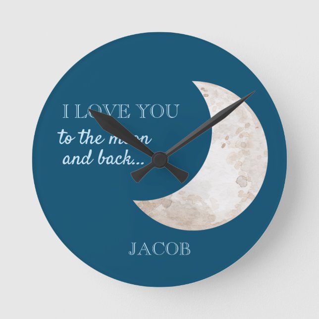 Relógio Redondo Nome da Sala de Bebê Azul Marinho Estrelas Brancas (Frente)