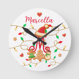 Relógio Redondo Nome de Natal Monograma Pão de Pão Vermelho Person