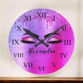 Relógio Redondo Nome do Monograma do Minigráfico da Glitter Roxo