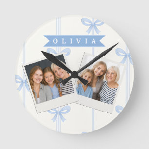 Relógio Redondo Nome Estético Coquette Laço Azul Personalizado