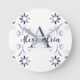 Relógio Redondo Nome Monograma Personalizado Floral Azul