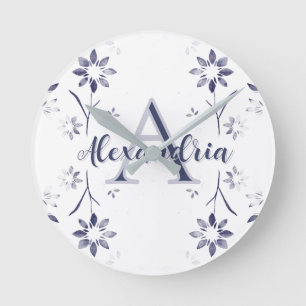Relógio Redondo Nome Monograma Personalizado Floral Azul