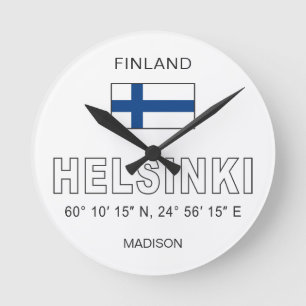 Relógio Redondo Nome Personalizado Coordenadas de Helsinque