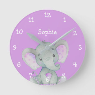 Relógio Redondo Nome Personalizado da Menina Gota de Elefante Roxo