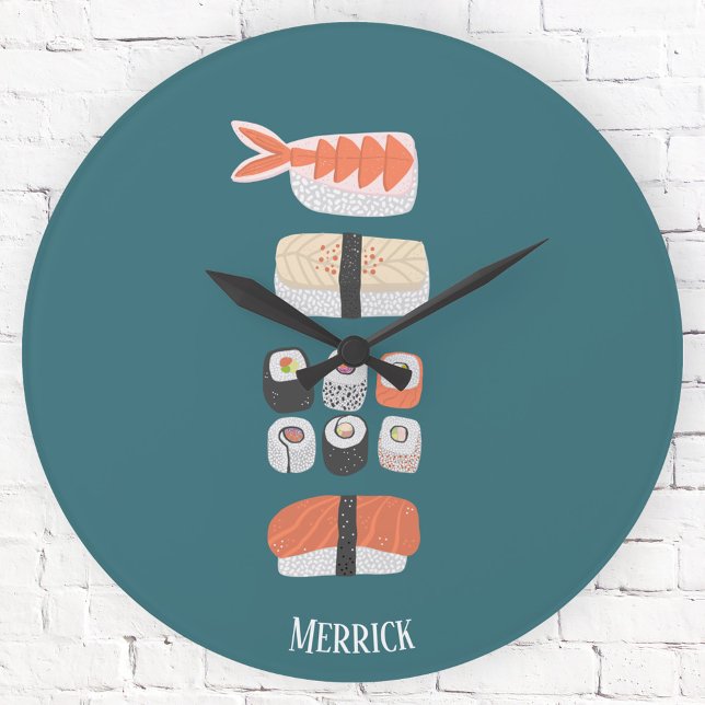 Relógio Redondo Nome Personalizado de Sushi Japonês (Sushi lovers personalized name round wall clock)