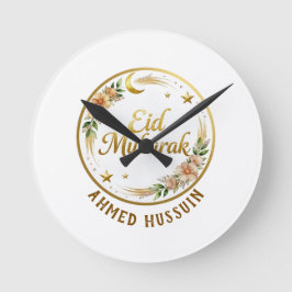 Relógio Redondo Nome Personalizado Eid Mubarak Floral Lua Dourada