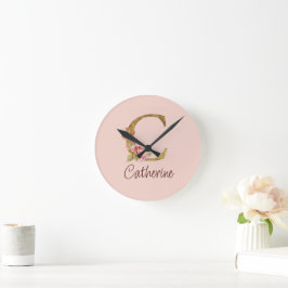 Relógio Redondo Nome Personalizado Folha de Ouro Blush Rosas Rosa 