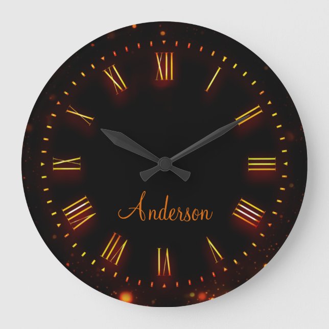 Relógio Redondo Nome Personalizado Neon Black Classic Elegant Roma (Frente)
