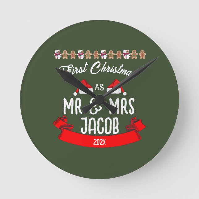 Relógio Redondo Nosso Primeiro Natal como Sr. e Sra. Newlywing (Frente)