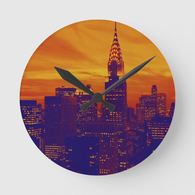 Relógio Redondo Nova Iorque Pop de Arte Azul Laranja (Frente)