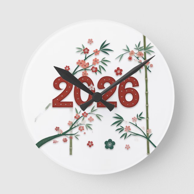 Relógio Redondo Números de Bambu 2026 com Flor de Cerejeira (Frente)