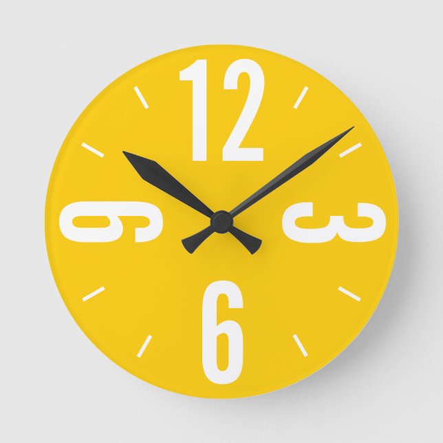 Relógio Redondo Números grandes modernos de amarelo e branco (Frente)