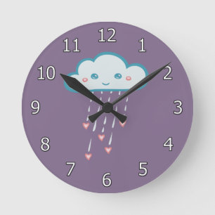 Relógio Redondo Nuvem de chuva azul feliz que chove corações
