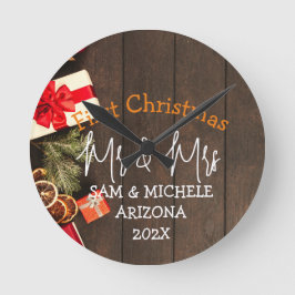 Relógio Redondo O nosso primeiro Natal, Sr. e Sra. madeira recém-c