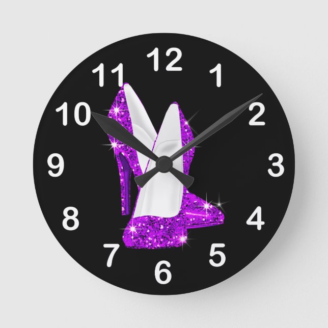 Relógio Redondo O salto alto roxo do brilho calça Stilleto (Frente)