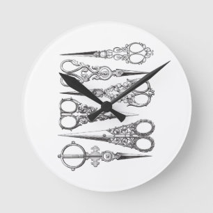 Relógio Redondo O vintage Scissors decorativo branco preto