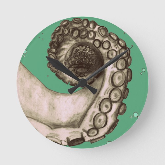 Relógio Redondo Octopus Náutico Verde Vintage Tentacle (Frente)