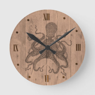 Relógio Redondo Octopus Wood Look Wall Clock