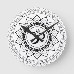 Relógio Redondo Ohm Mandala Om Mandala Branco e Preto